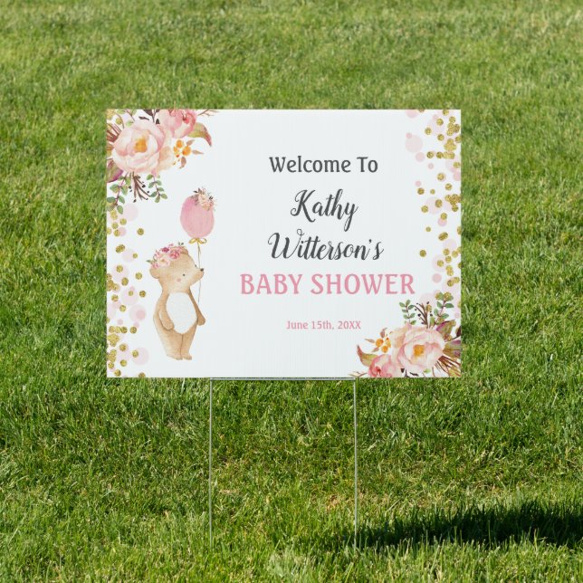 Cute Little Bear Girl Baby Shower Banner Sign (Insitu)