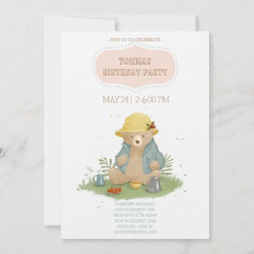 Cute Little Bear in a Yellow Panama Birthday Invitation