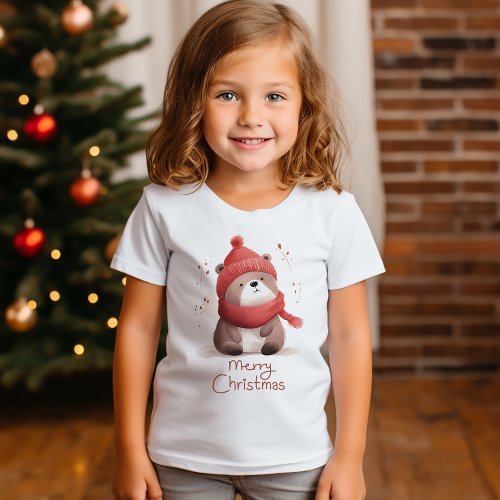 Cute Little Bear Merry Christmas Girl T_shirt