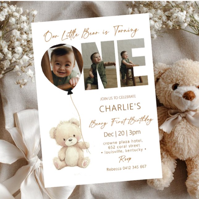 Cute Little Bear Neutral with Photo 1st Birthday  Invitation (Creator Uploaded)