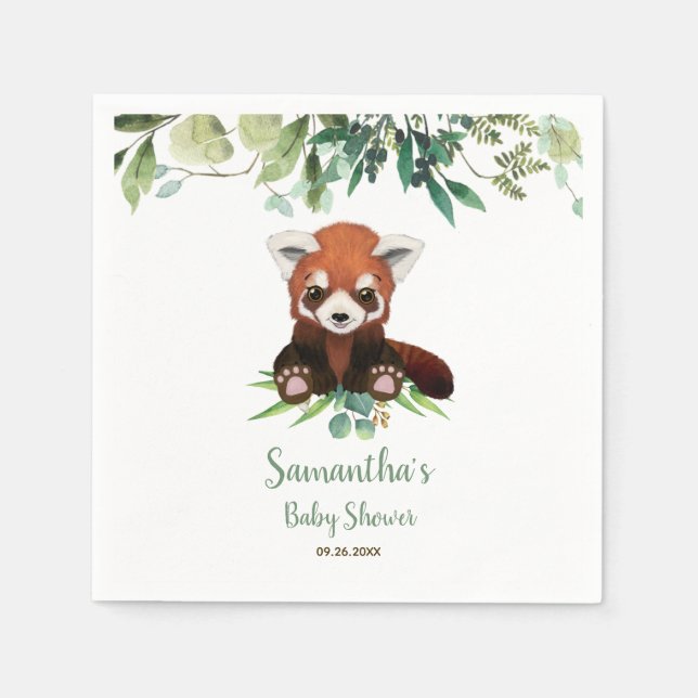 Cute Little Bear Red Panda Baby Shower Greenery Na Napkins (Front)