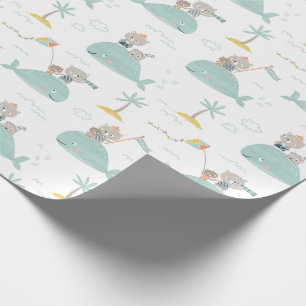 Cute Little Bears traveling on whale´s back white Wrapping Paper