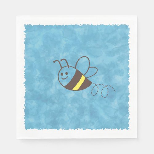 Cute Little Bee Flying Blue Watercolor Baby Shower Napkins