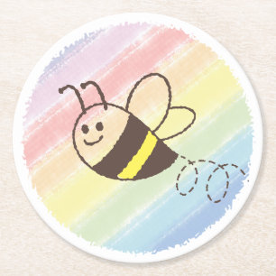 Cute Little Bee Flying Watercolor Baby Shower Round Paper Coaster