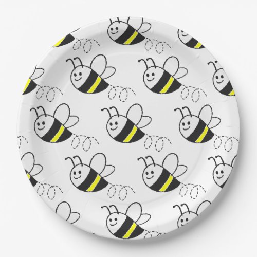 Cute Little Bee Pattern White Baby Shower Paper Plates