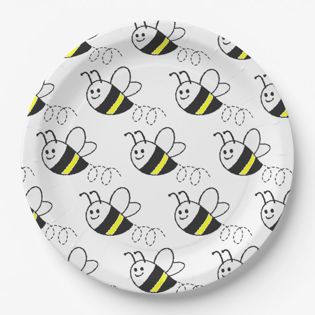Cute Little Bee Pattern White Baby Shower Paper Plates (Front)