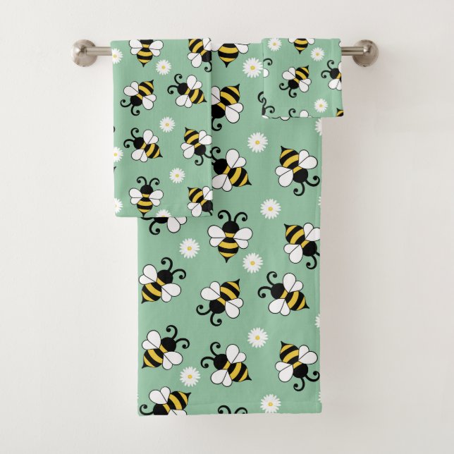 Cute little bees and daisy flowers pattern bath towel set (Insitu)
