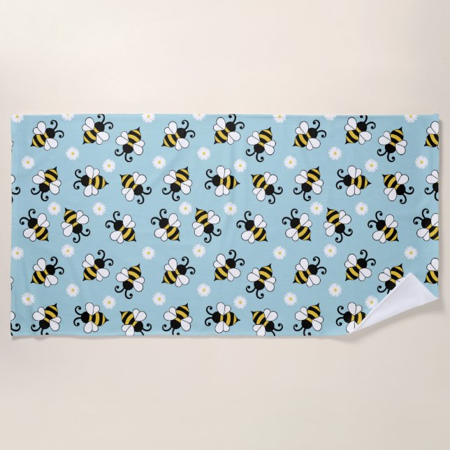 Cute little bees and daisy flowers pattern beach towel (Front)
