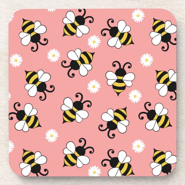 Cute little bees and daisy flowers pattern   beverage coaster (Front)
