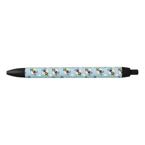 Cute little bees and daisy flowers pattern  black ink pen