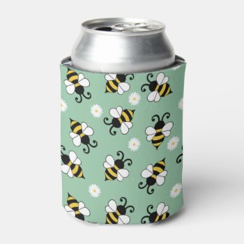 Cute Little Bees And Daisy Flowers Pattern Can Cooler by BattaAnastasia at Zazzle