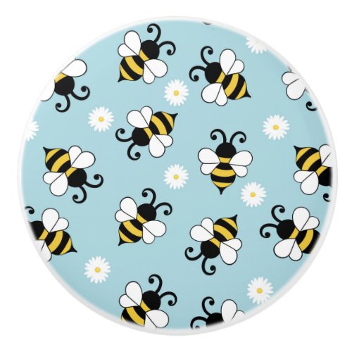 Cute little bees and daisy flowers pattern  ceramic knob