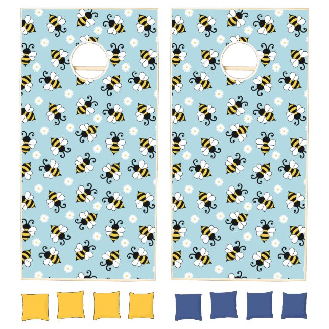 Cute little bees and daisy flowers pattern cornhole set (Set)