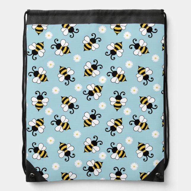 Cute little bees and daisy flowers pattern drawstring bag (Front)