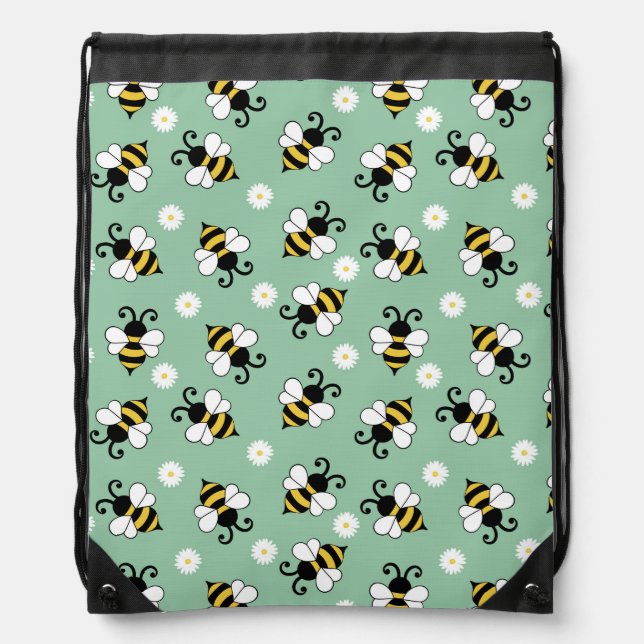 Cute little bees and daisy flowers pattern drawstring bag (Front)