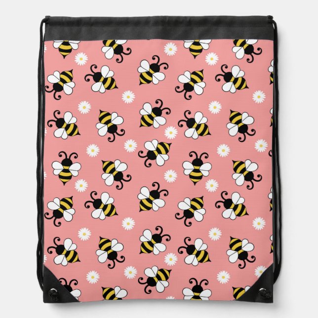 Cute little bees and daisy flowers pattern  drawstring bag (Front)