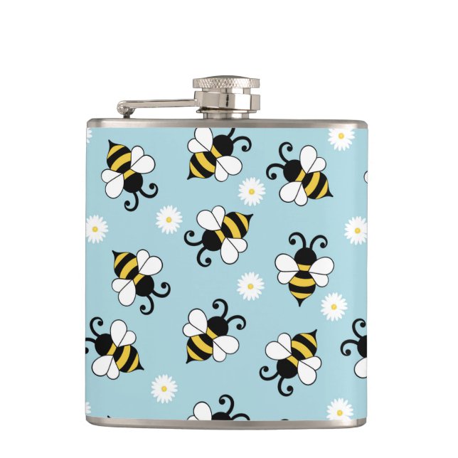 Cute little bees and daisy flowers pattern  flask (Front)