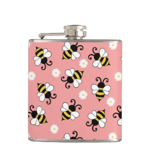 Cute little bees and daisy flowers pattern  flask