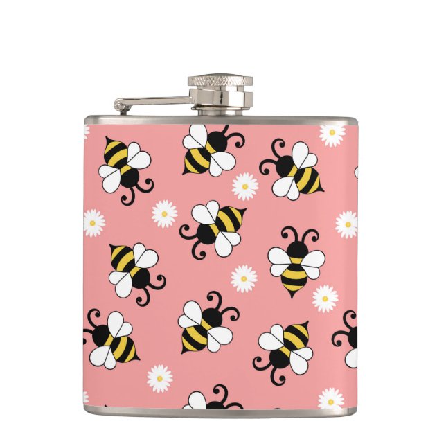 Cute little bees and daisy flowers pattern  flask (Front)