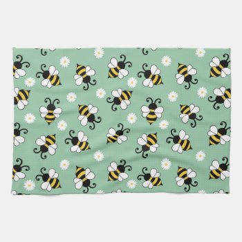 Cute Little Bees And Daisy Flowers Pattern Kitchen Towel by BattaAnastasia at Zazzle