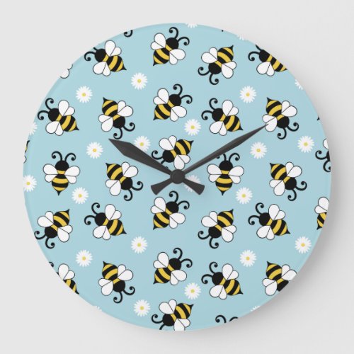 Cute little bees and daisy flowers pattern large clock