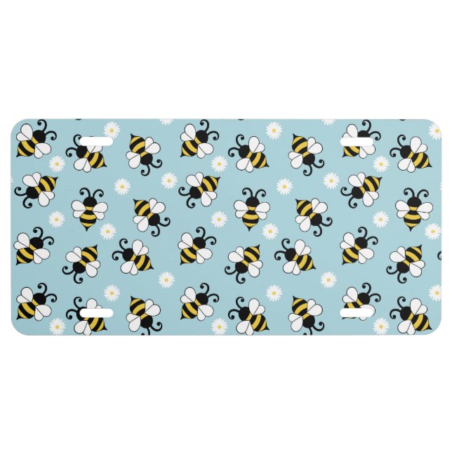 Cute little bees and daisy flowers pattern license plate (Front)