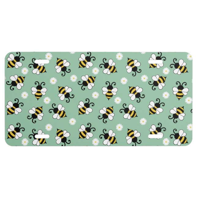 Cute little bees and daisy flowers pattern license plate (Front)