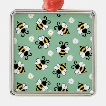 Cute Little Bees And Daisy Flowers Pattern Metal Ornament by BattaAnastasia at Zazzle