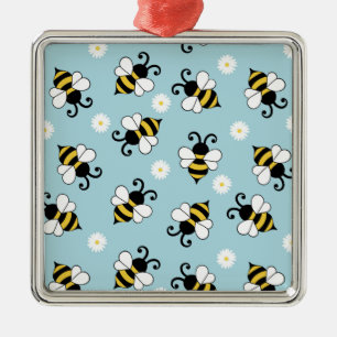 Cute little bees and daisy flowers pattern metal ornament