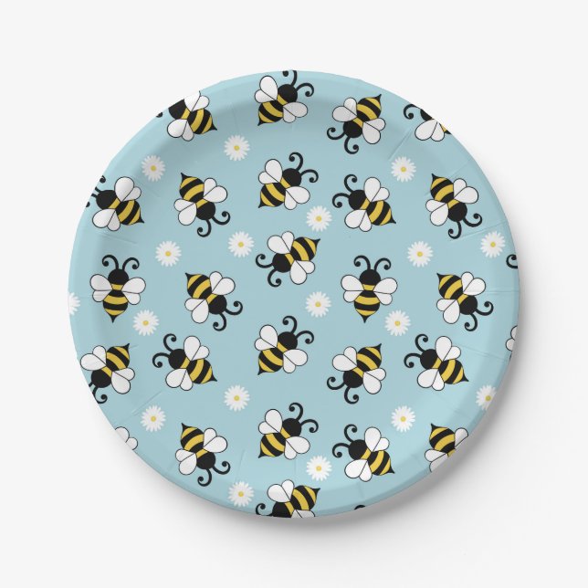 Cute little bees and daisy flowers pattern  paper plates (Front)