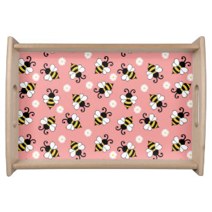 Cute little bees and daisy flowers pattern serving tray