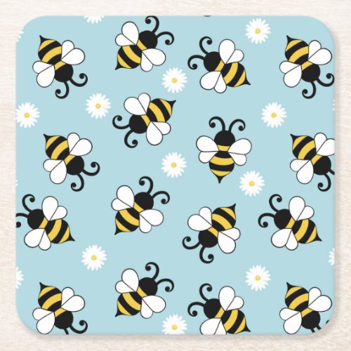 Cute little bees and daisy flowers pattern  square paper coaster