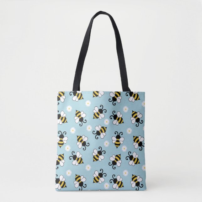 Cute little bees and daisy flowers pattern tote bag (Front)