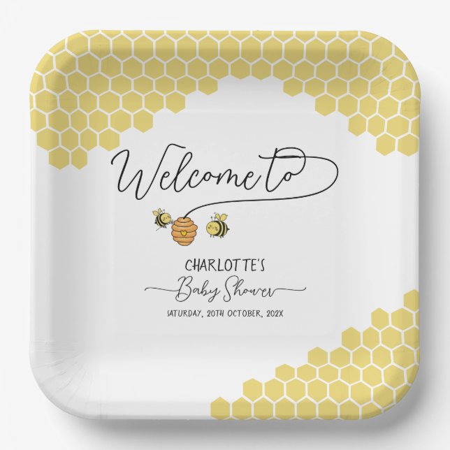 Cute Little Bees Honeycomb Baby Shower Paper Plates (Front)