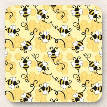 Cute Little Bees Pattern Beverage Coaster by BattaAnastasia at Zazzle