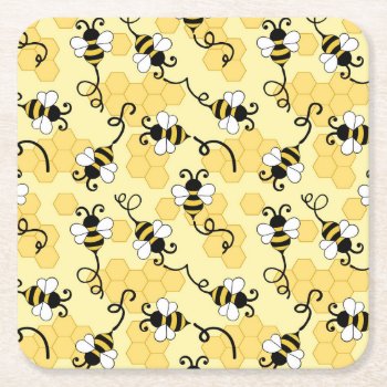 Cute Little Bees Pattern Square Paper Coaster by BattaAnastasia at Zazzle