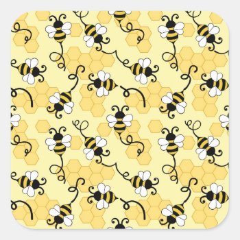 Cute Little Bees Pattern Square Sticker by BattaAnastasia at Zazzle