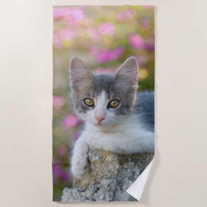 Cute Little Bicolor Kitten Fluffy Photo Cat Lovers Beach Towel