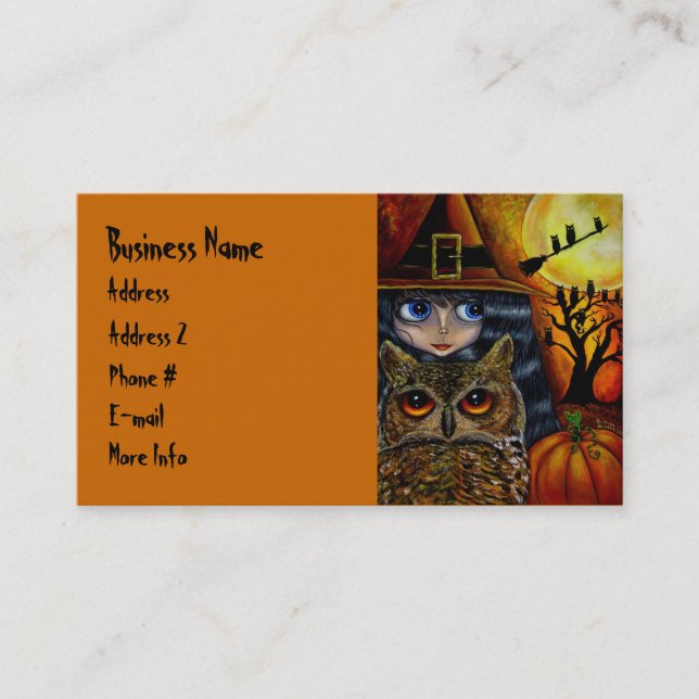 Cute Little Big Eye Witch with Owl & Pumpkin Business Card (Front)