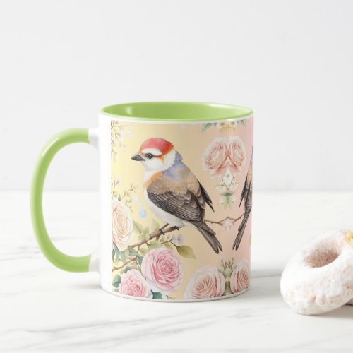 Cute Little Bird and Colorful Flowers in Pale Hues Mug