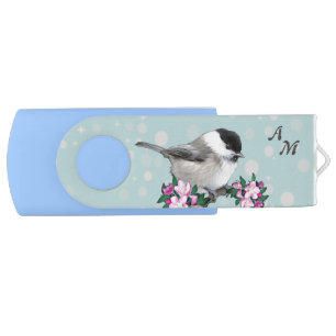 Cute Little Bird, Apple Flowers & Monogram Flash Drive