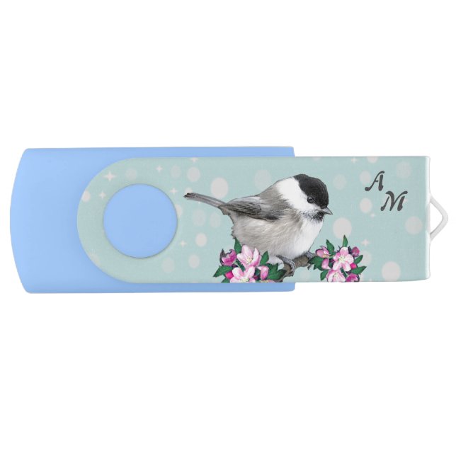 Cute Little Bird, Apple Flowers & Monogram Flash Drive (Front)