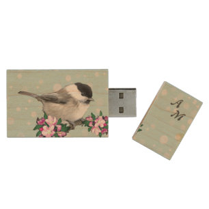 Cute Little Bird, Apple Flowers & Monogram Wood Flash Drive