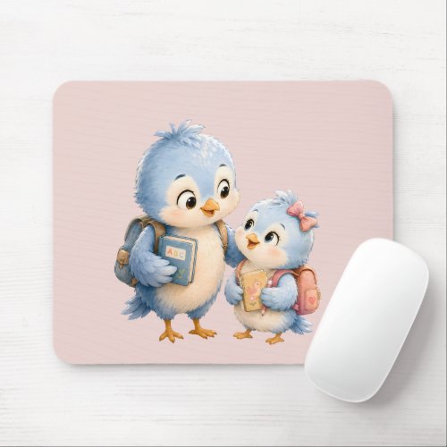 Cute Little Bird Brother Sister Desk Mouse Pad