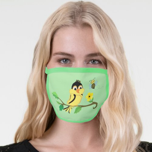 Cute little bird flower  bee on lime green face mask