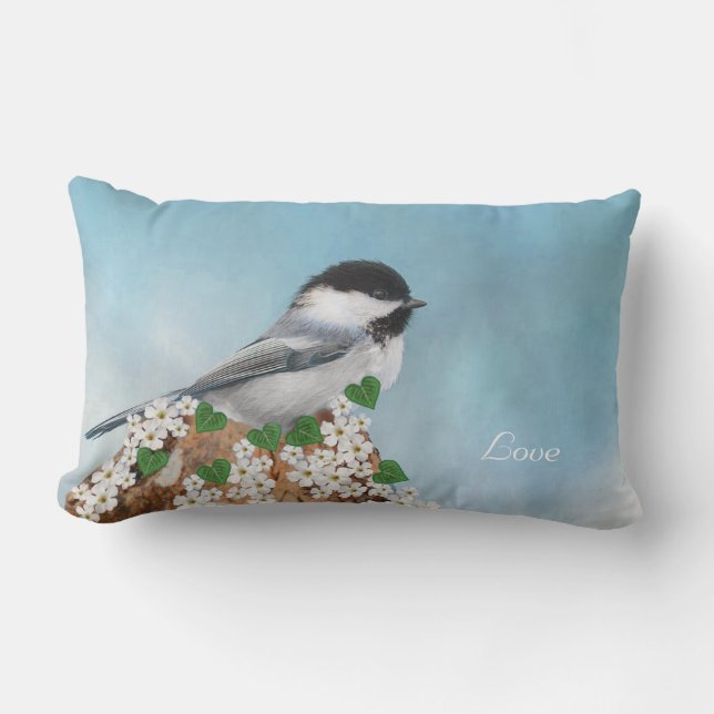 Cute Little Bird, Flowers & Calligraphy Lumbar Pillow (Front)