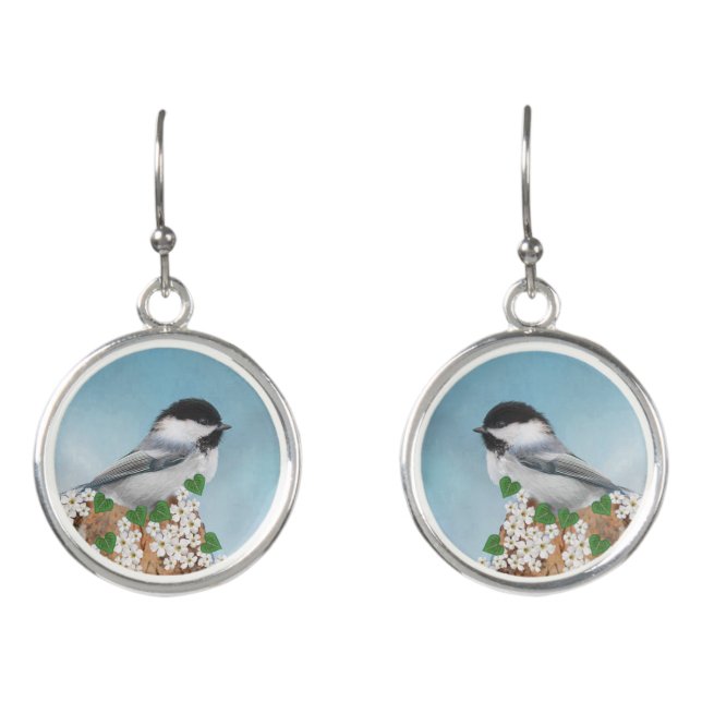 Cute little bird & flowers on light blue earrings (Front)