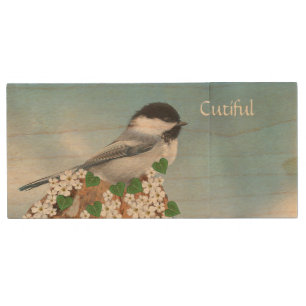 Cute Little Bird & Flowers with Calligraphy Wood Flash Drive