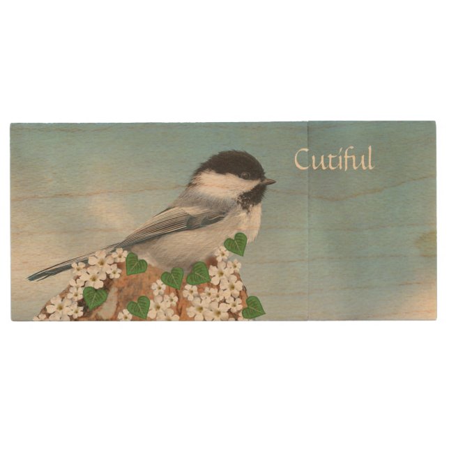 Cute Little Bird & Flowers with Calligraphy Wood Flash Drive (Front)