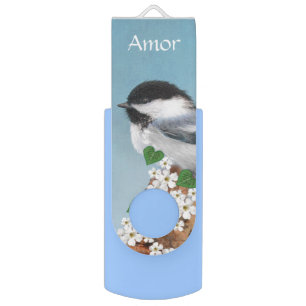 Cute Little Bird & Flowers with Text Flash Drive